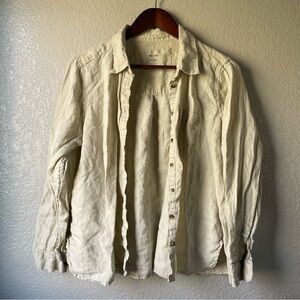 M&S Pure Linen Womens 12 100% Flax Beige Casual Button Down Shirt Boho Coastal